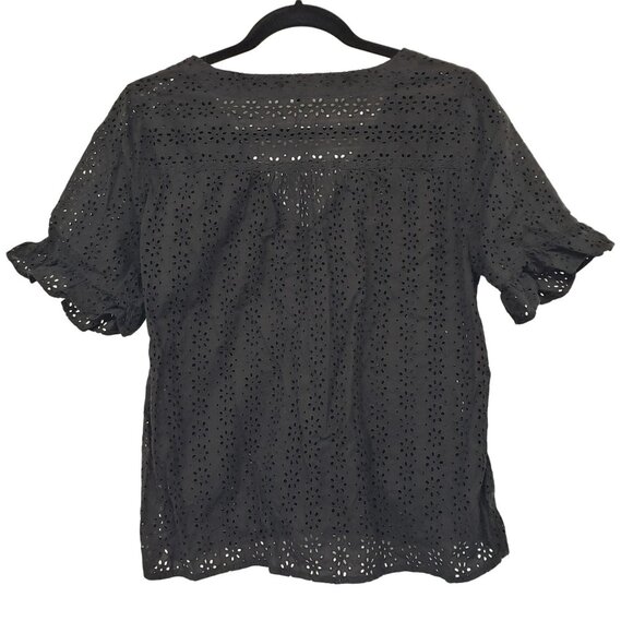 Madewell Black V Neck Button Front Eyelet Short Sleeve Blouse M - Picture 4 of 11